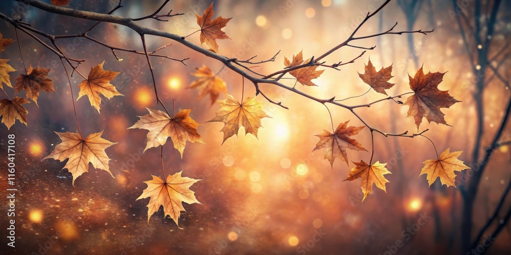 Golden Autumn Leaves Hanging on Branch with Soft Background Illumination Golden Autumn Leaves Hanging on Branch with Soft Background Illumination