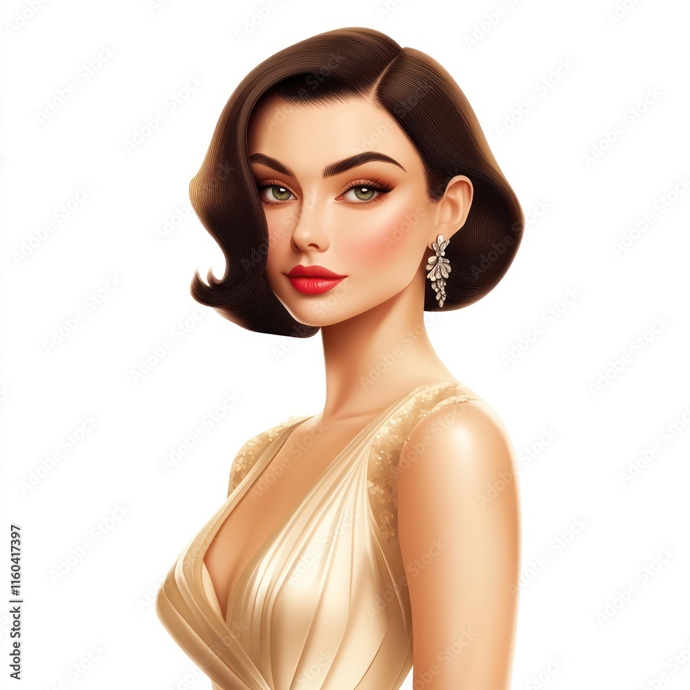 A sophisticated woman with a bob haircut and an elegant dress. vector style art 3d illustration Isolated on White Background A sophisticated woman with a bob haircut and an elegant dress. vector style art 3d illustration Isolated on White Background