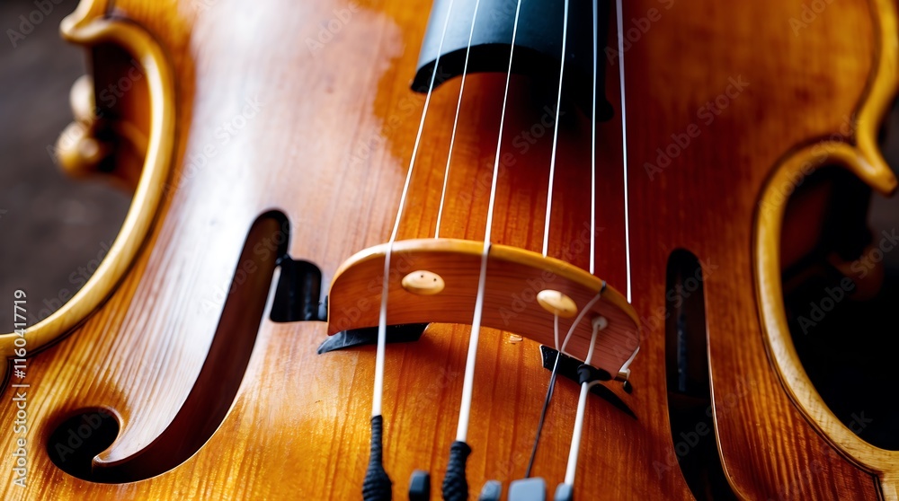 Close-up View of a Polished Violin, Musical Instrument Detail Close-up View of a Polished Violin, Musical Instrument Detail