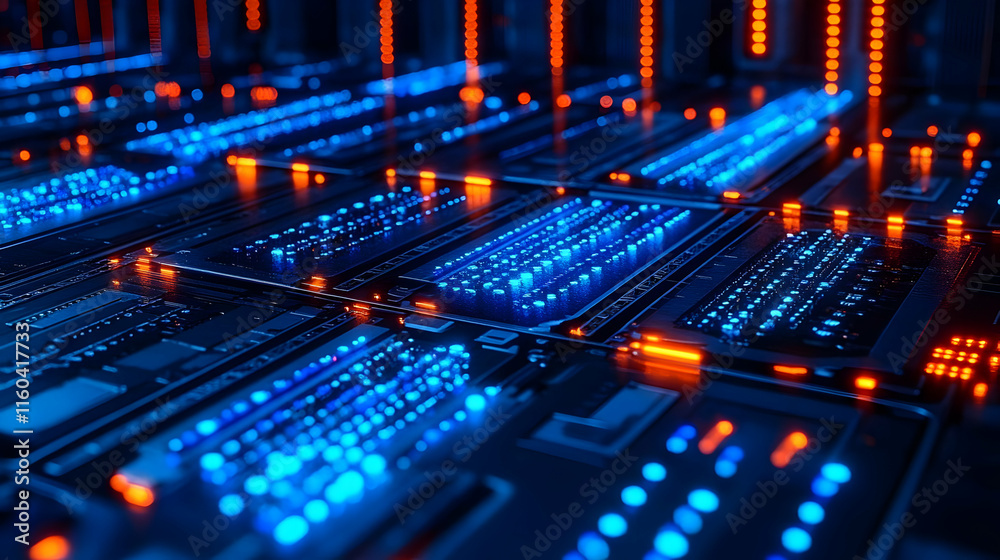 Futuristic Circuit Board Illuminates with Blue and Orange Lights in a Dark Environment Futuristic Circuit Board Illuminates with Blue and Orange Lights in a Dark Environment