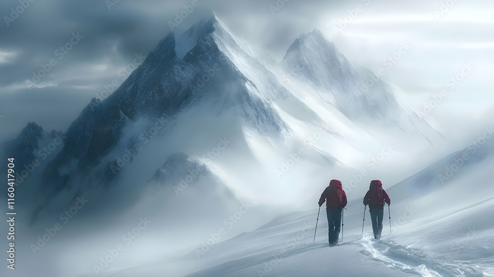 Two hikers navigate a snowy mountain landscape under a cloudy sky. Two hikers navigate a snowy mountain landscape under a cloudy sky.