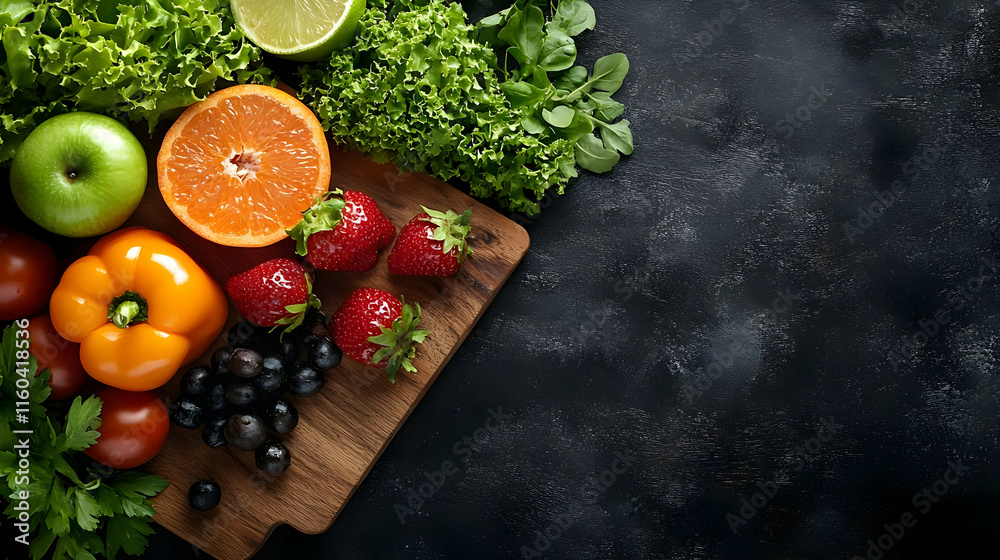 Fresh Fruits and Vegetables Arranged on a Wooden Cutting Board with Dark Background Fresh Fruits and Vegetables Arranged on a Wooden Cutting Board with Dark Background