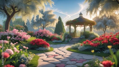 A serene garden wallpaper for Valentine's Day featuring a gentle, meandering path paved with heart-shaped stones, softly illuminated by warm sunlight, leading to a charming gazebo adorned with lush gr photo