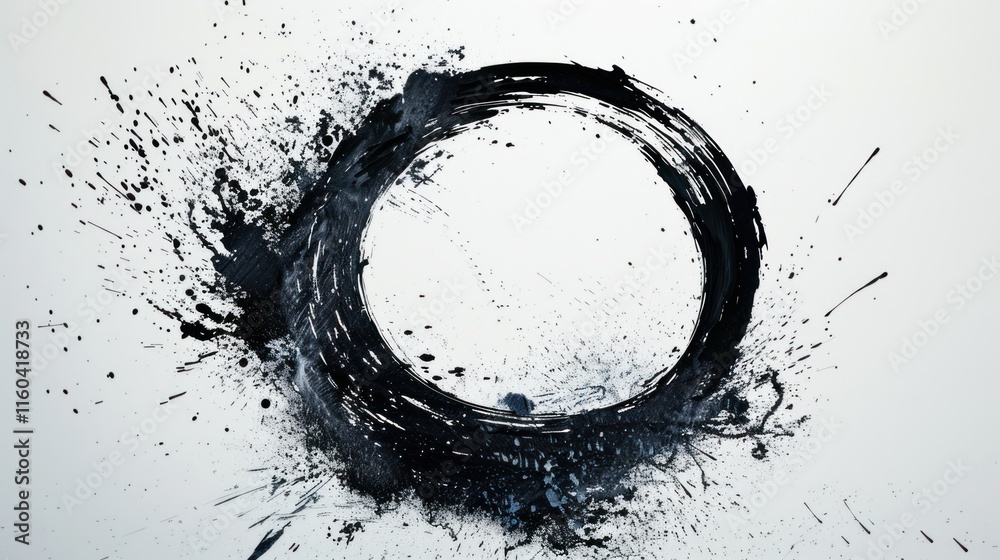 Splattered black paint circle on white.
