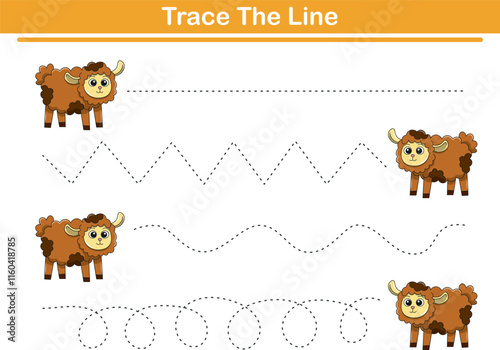 Trace line worksheets for children. Preschool handwriting practice with sheep. Vector illustration