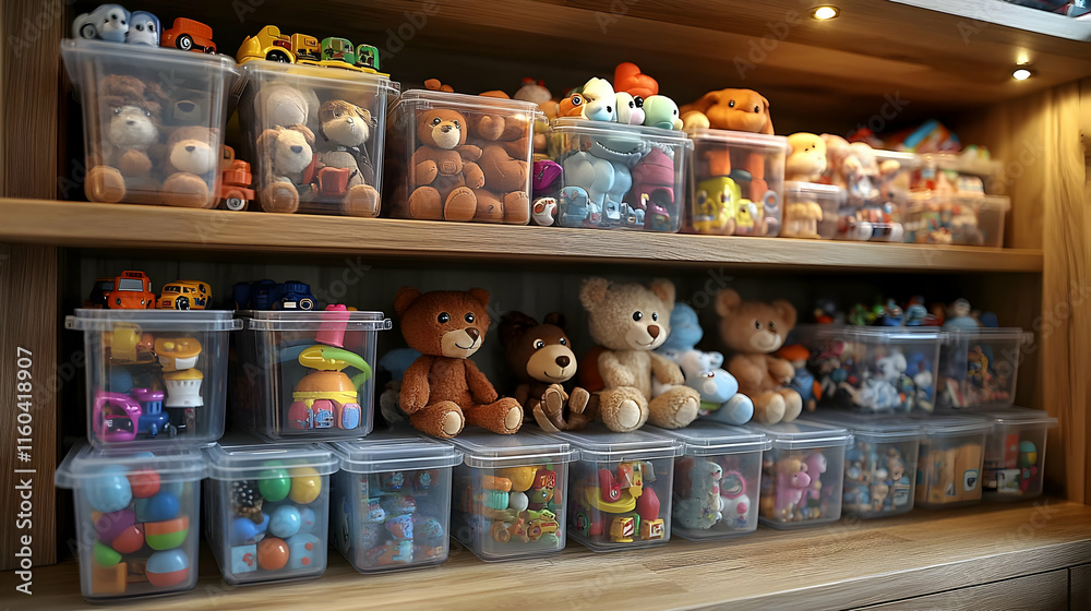 Organized Toys Neatly Arranged in Clear Containers on Wooden Shelves Organized Toys Neatly Arranged in Clear Containers on Wooden Shelves
