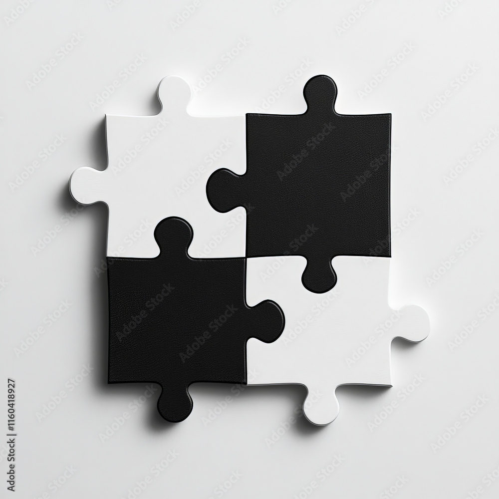 four interlocking puzzle pieces, two black and two white, arranged in a checkered pattern on a white background. It symbolizes unity, contrast, problem-solving, and teamwork four interlocking puzzle pieces, two black and two white, arranged in a checkered pattern on a white background. It symbolizes unity, contrast, problem-solving, and teamwork