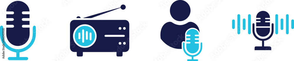 Radio icon set set. radio, live, antennae, microphone, play music, You can easily change the color