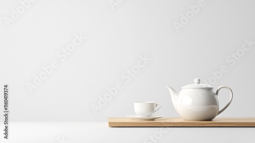 Wallpaper Mural Elegant White Tea Set Mockup: Clean Minimalist 3D Render on Wooden Surface. AI Generated Torontodigital.ca