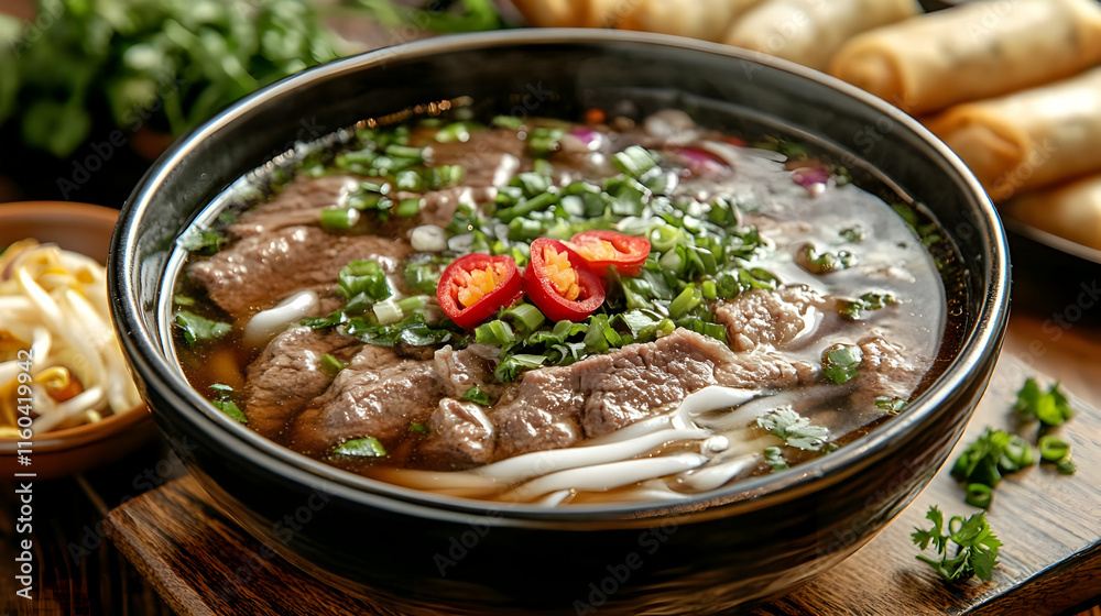 Beef Noodle Soup with Vegetables and Herbs Served in a Bowl Beautifully on a Wooden Table Beef Noodle Soup with Vegetables and Herbs Served in a Bowl Beautifully on a Wooden Table