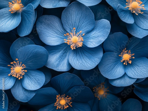 A close-up of vibrant blue flowers with orange centers, creating a striking visual contrast.