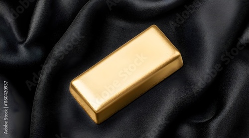 A shiny gold bar rests elegantly on a smooth black fabric, highlighting its luxurious appearance and value. photo