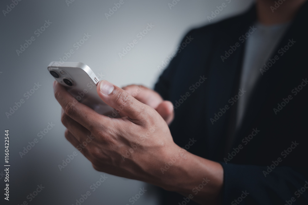 Close up man using smart phone, Social media marketing concept. hand using smartphone typing, chatting conversation in chat box icons pop up Close up man using smart phone, Social media marketing concept. hand using smartphone typing, chatting conversation in chat box icons pop up