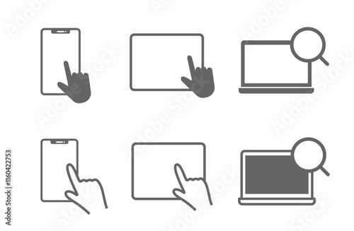 Pointing screen silhouette icon set PC notebook, tablet, and smartphone vector material monochrome
