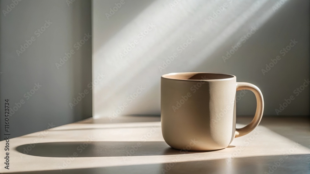 A Pale Beige Mug Basking in Sunlight on a Light Wooden Table A Pale Beige Mug Basking in Sunlight on a Light Wooden Table