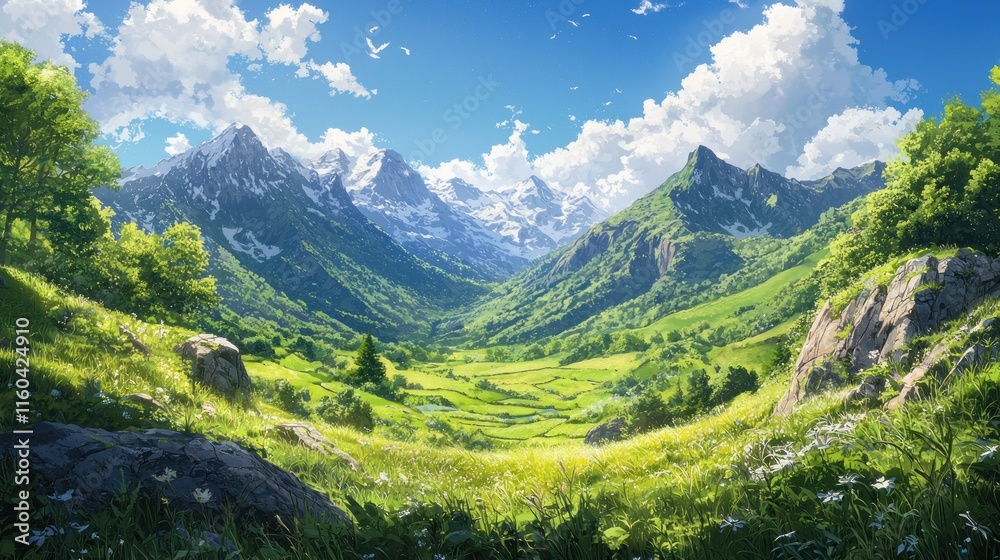 Fototapeta premium Serene Mountain Valley Landscape Under a Summer Sky