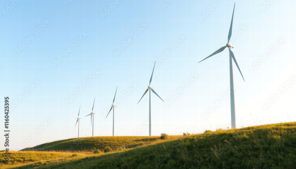 Fototapeta premium A row of wind turbines are on a hillside, with the sun shining brightly on them