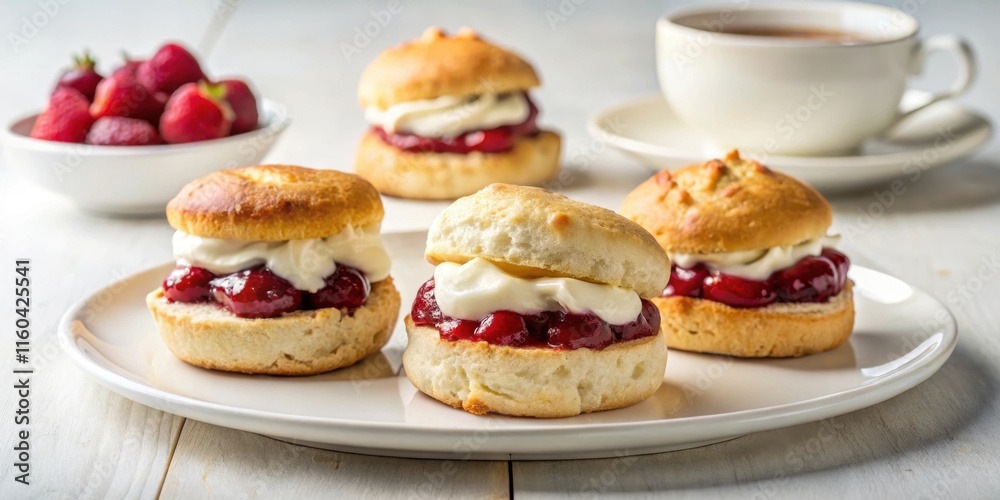 Delightful Strawberry Preserves and Cream Filled Biscuits on a Plate with a Cup of Tea Delightful Strawberry Preserves and Cream Filled Biscuits on a Plate with a Cup of Tea