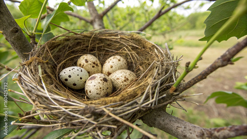 A bird’s nest with speckled eggs