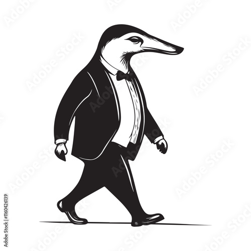 Stylish Tamandua in a Suit with Bow Tie Walking Vector Illustration isolated on white background.