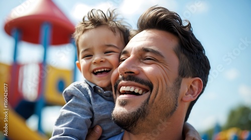 A Father's Joy: A heartwarming image of a father and son sharing a joyous moment at a playground, their laughter echoing the boundless love between them. photo