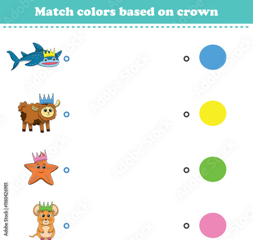 Match the color of the animal's crown. Educational game for color recognition