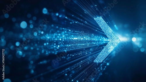 Abstract blue arrow of light particles, digital speed and data flow concept.