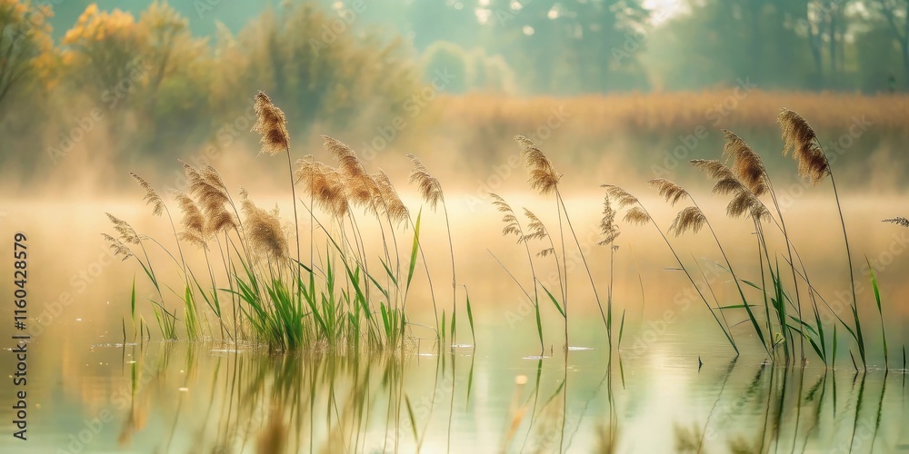 Fototapeta premium Serene Dawn Reeds Reflecting in a Misty Lake, Golden Hour Light