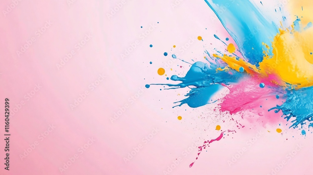 Obraz premium Vibrant Digital Painting: Exploding Color Splashes on Pink Background. AI Generated