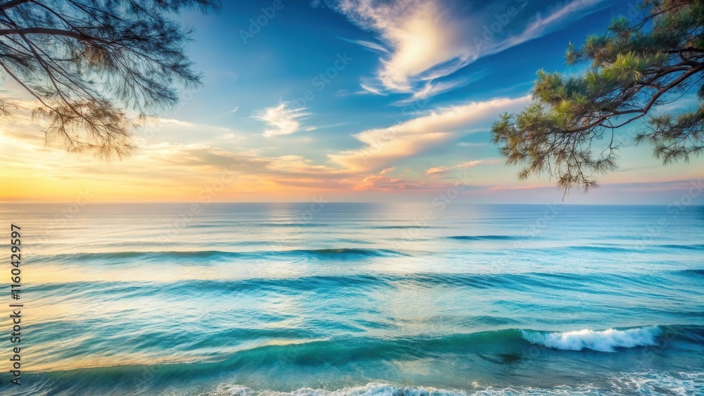 Naklejka premium Serene Coastal Sunset Ocean Waves Roll Gently Under a Vibrant Sky with Silhouetted Tree Branches