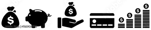 financial icons Business icons, money signs Shiny money collection with card icon coin silhouette icon growth chart Money bag or collectible Piggy bank flat style stock vector.