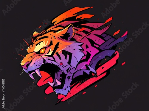 Roaring Tiger: A vibrant digital artwork of a tiger's head with bold colors and graffiti style elements photo