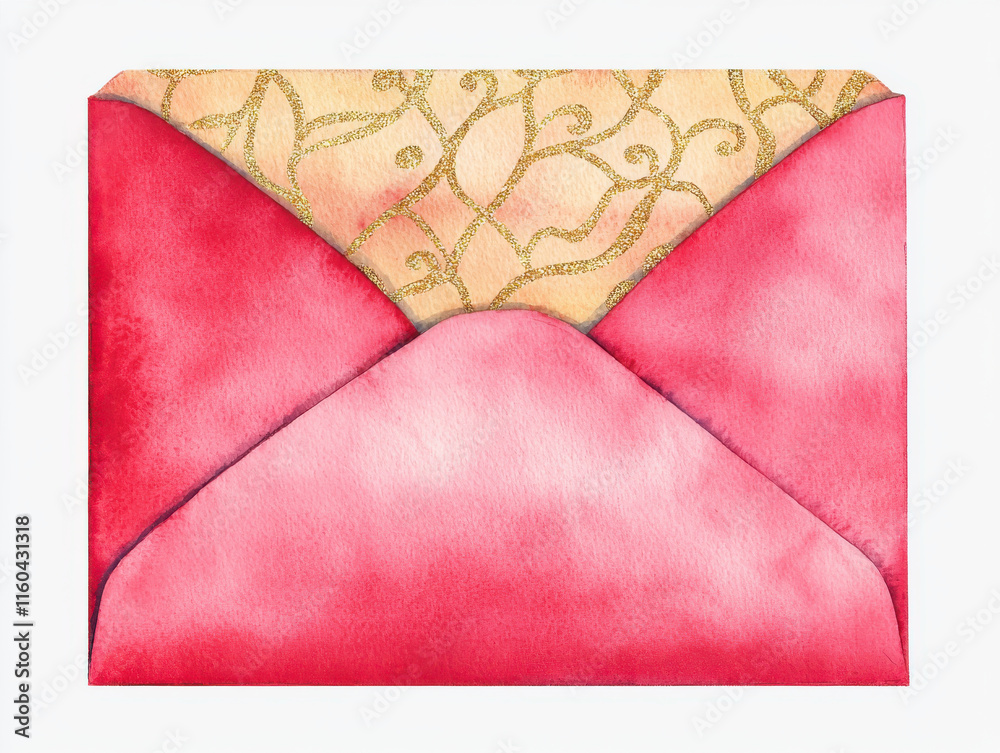 Fototapeta premium Red envelope with elegant gold patterns, watercolor style