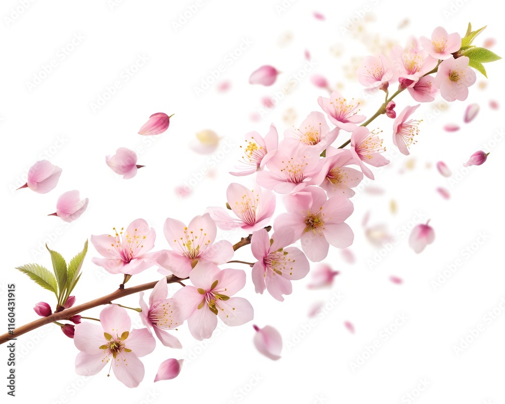 Beautiful cherry blossom branch on white background Flat space for text. Cherry petals are falling. Beautiful cherry blossom branch on white background Flat space for text. Cherry petals are falling.