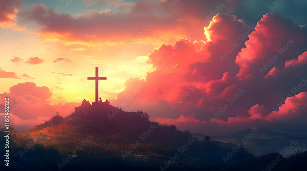 Illustration - Cross Silhouette at Sunset, Dusk, Clouds, Landscape, Hope, Faith, Sky, Religion, Christianity, Hill Illustration - Cross Silhouette at Sunset, Dusk, Clouds, Landscape, Hope, Faith, Sky, Religion, Christianity, Hill