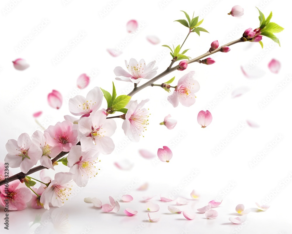 Beautiful cherry blossom branch on white background Flat space for text. Cherry petals are falling. Beautiful cherry blossom branch on white background Flat space for text. Cherry petals are falling.