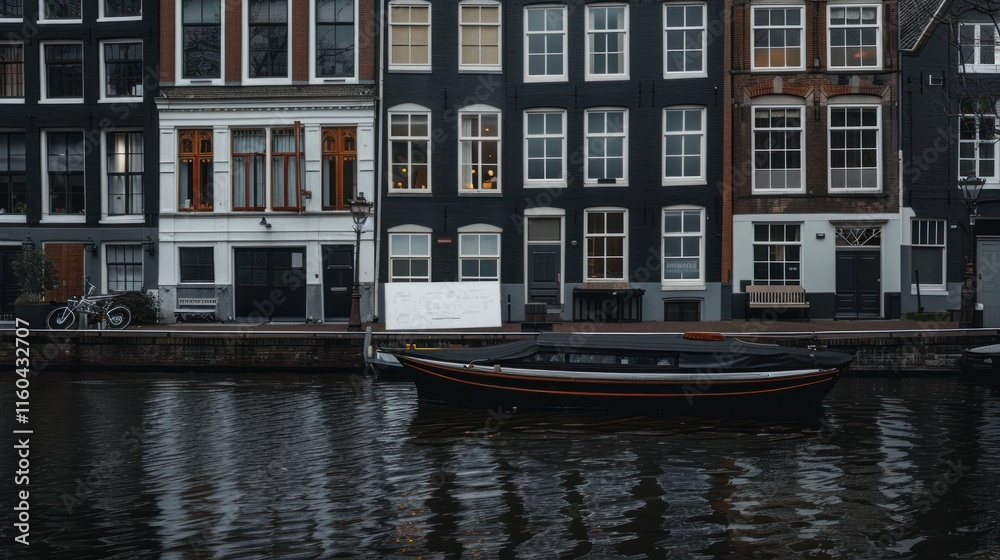 Naklejka premium Boat floats on water by colorful row houses in overcast city.