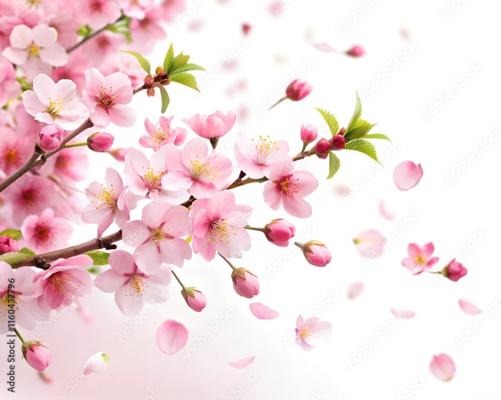 Beautiful cherry blossom branch on white background Flat space for text. Cherry petals are falling. Beautiful cherry blossom branch on white background Flat space for text. Cherry petals are falling.