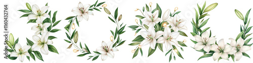 Holy saturday element, Elegant Easter lily garland with greenery and white flowers, isolated on transparent background.