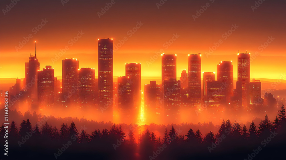 Illustration of City Skyline at Sunset with Forest Illustration of City Skyline at Sunset with Forest