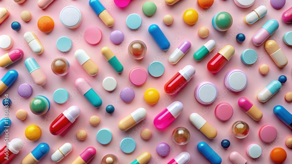 Pastel-Colored Capsules and Tablets Scattered on a Pink Surface A Vibrant Medical Pattern Pastel-Colored Capsules and Tablets Scattered on a Pink Surface A Vibrant Medical Pattern