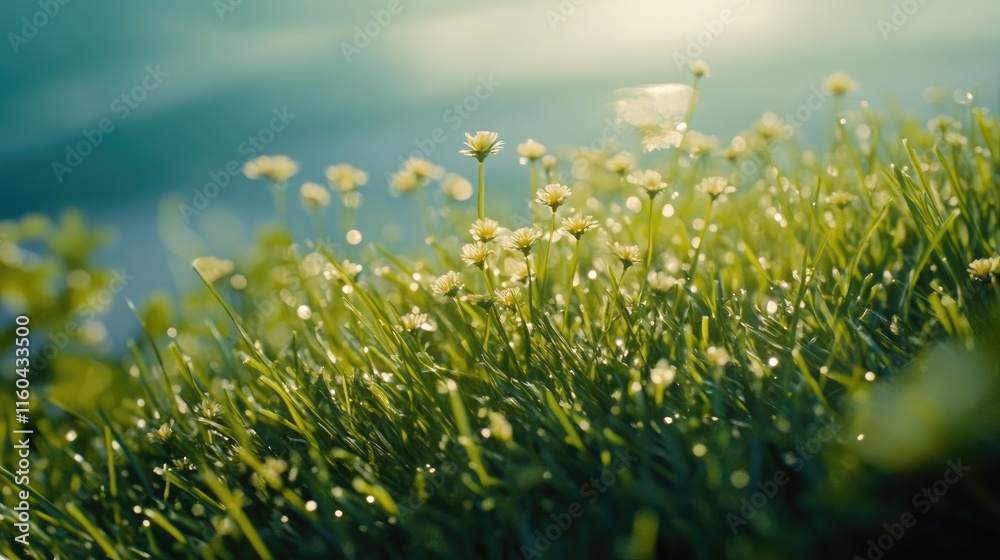 Fototapeta premium Dewy Grass with Small Flowers Illuminated by Morning Light