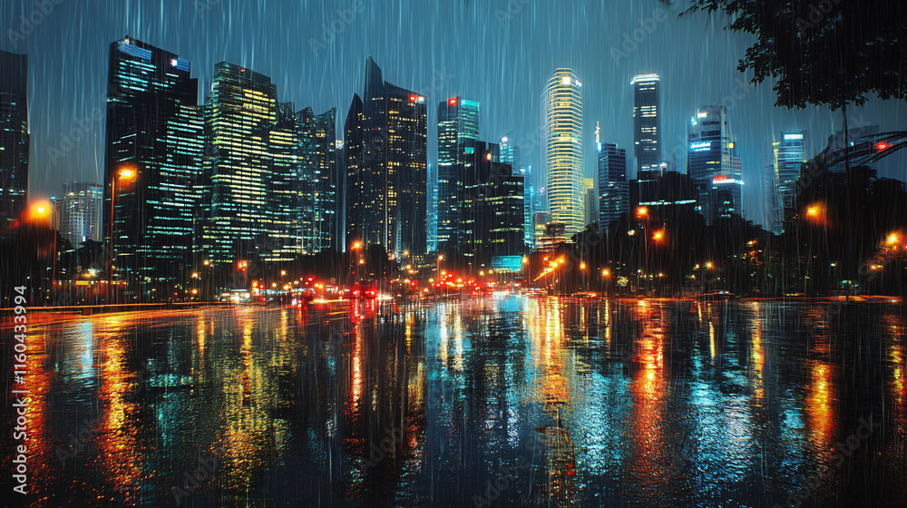 Fototapeta premium pixel art Nighttime rain Singapore retro 8-bit illustration glowing streetlight reflection iconic architecture vibrant urban ambiance cultural storytelling wallpaper clipart video game concept