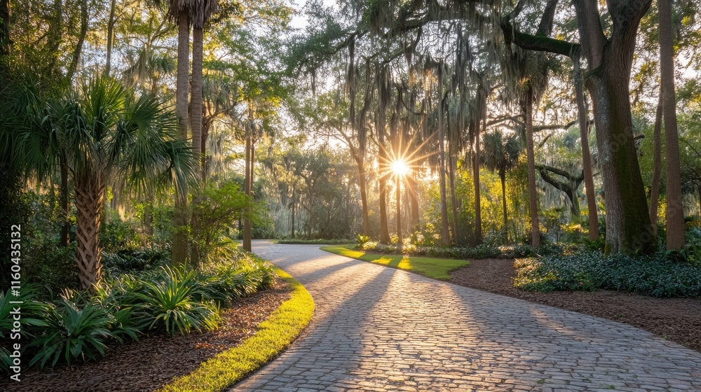 Obraz premium Serene Walking Path with Dappled Sunlight Through Trees