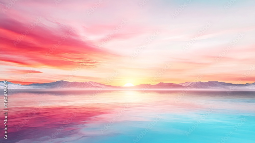 Fototapeta premium Dreamy Pastel Sunrise Over Serene Mountain Lake: Digital Painting in a Softly Romantic Style. AI Generated