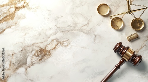 Gavel, scales, and legal documents on marble.