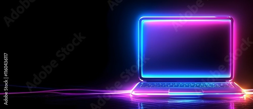 A laptop is on a table with neon lights surrounding it