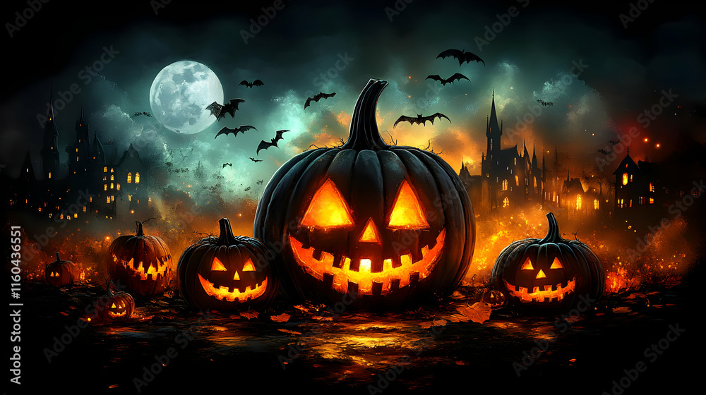 Fototapeta premium Illustration Spooky Halloween Night Pumpkins Bats Castle Moon Background