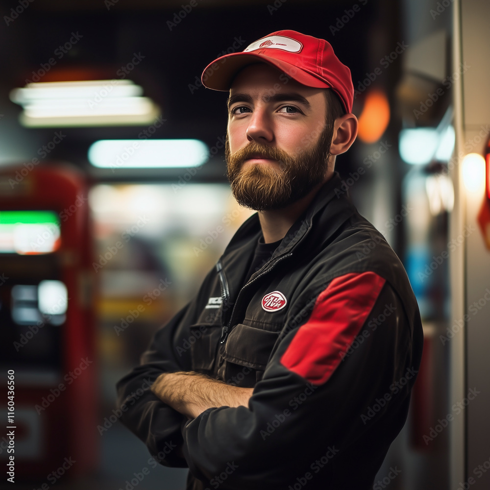 Obraz premium Gas station worker posing with arms crossed.