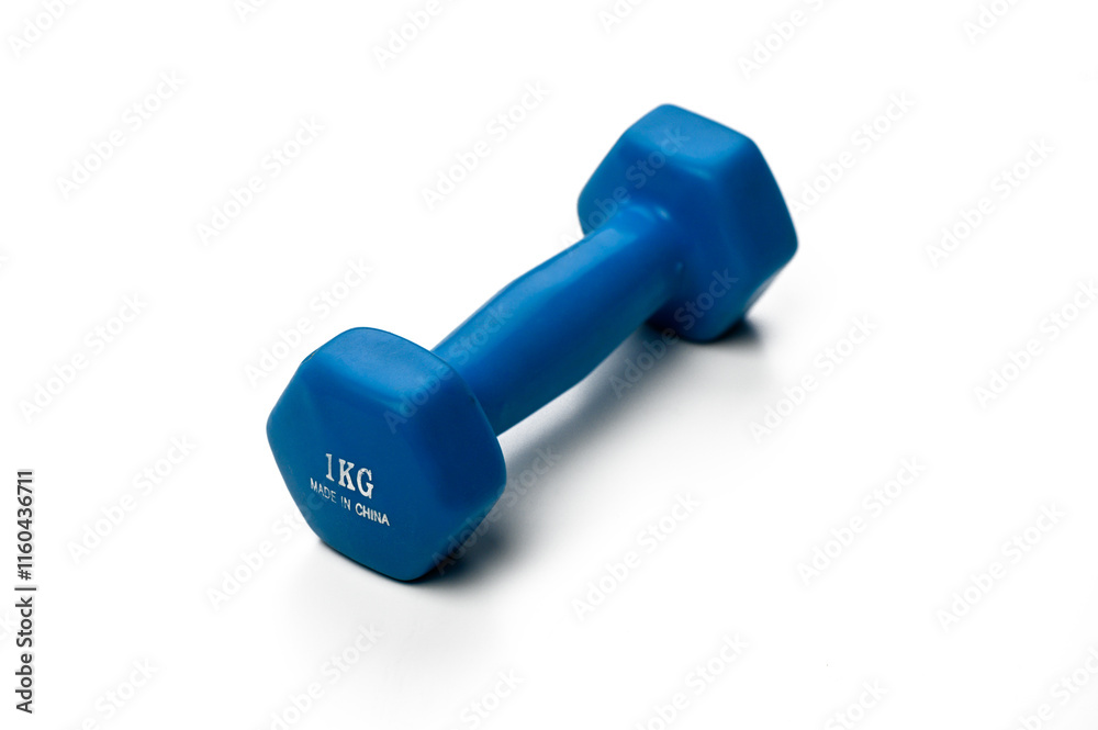 Bright blue dumbbell resting on a clean surface, ready for an energizing workout session Bright blue dumbbell resting on a clean surface, ready for an energizing workout session